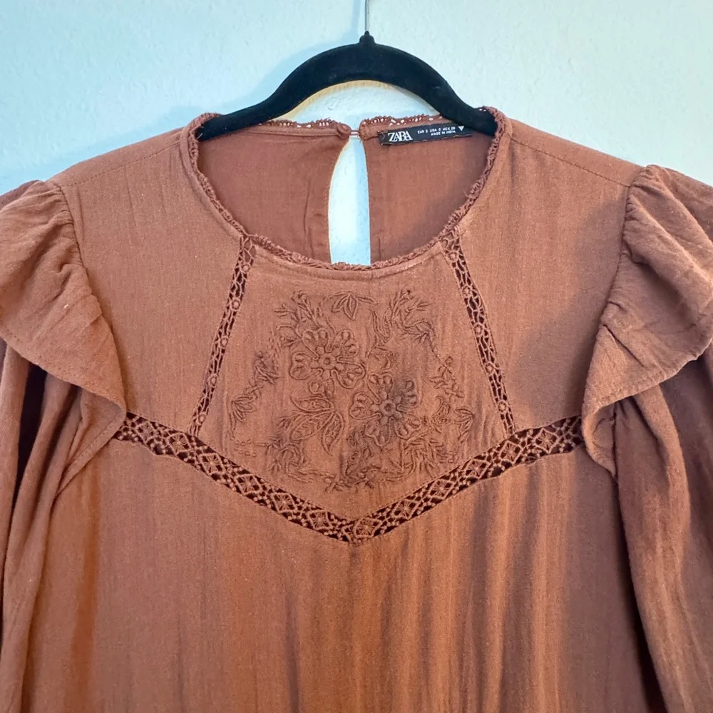 Zara Brown Smocked Tiered Sundress with Bishop Sleeves - Picture 3 of 8